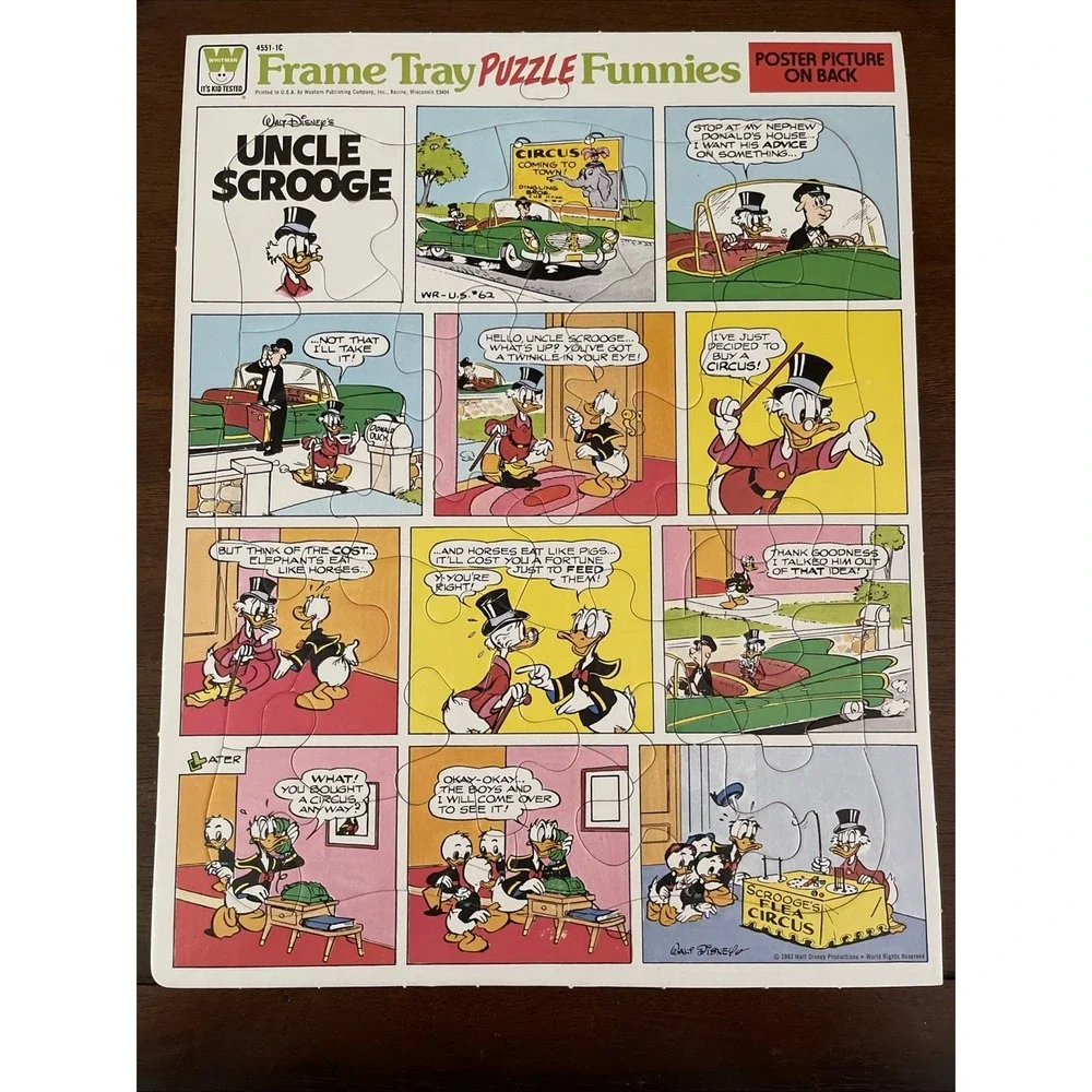 Vintage 1961 Disney Frame Tray Puzzle Funnies Uncle Scrooge Flea Circus & poster